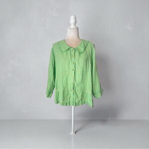 FLAX Linen Green Collared Button down Long sleeve Top Sz L